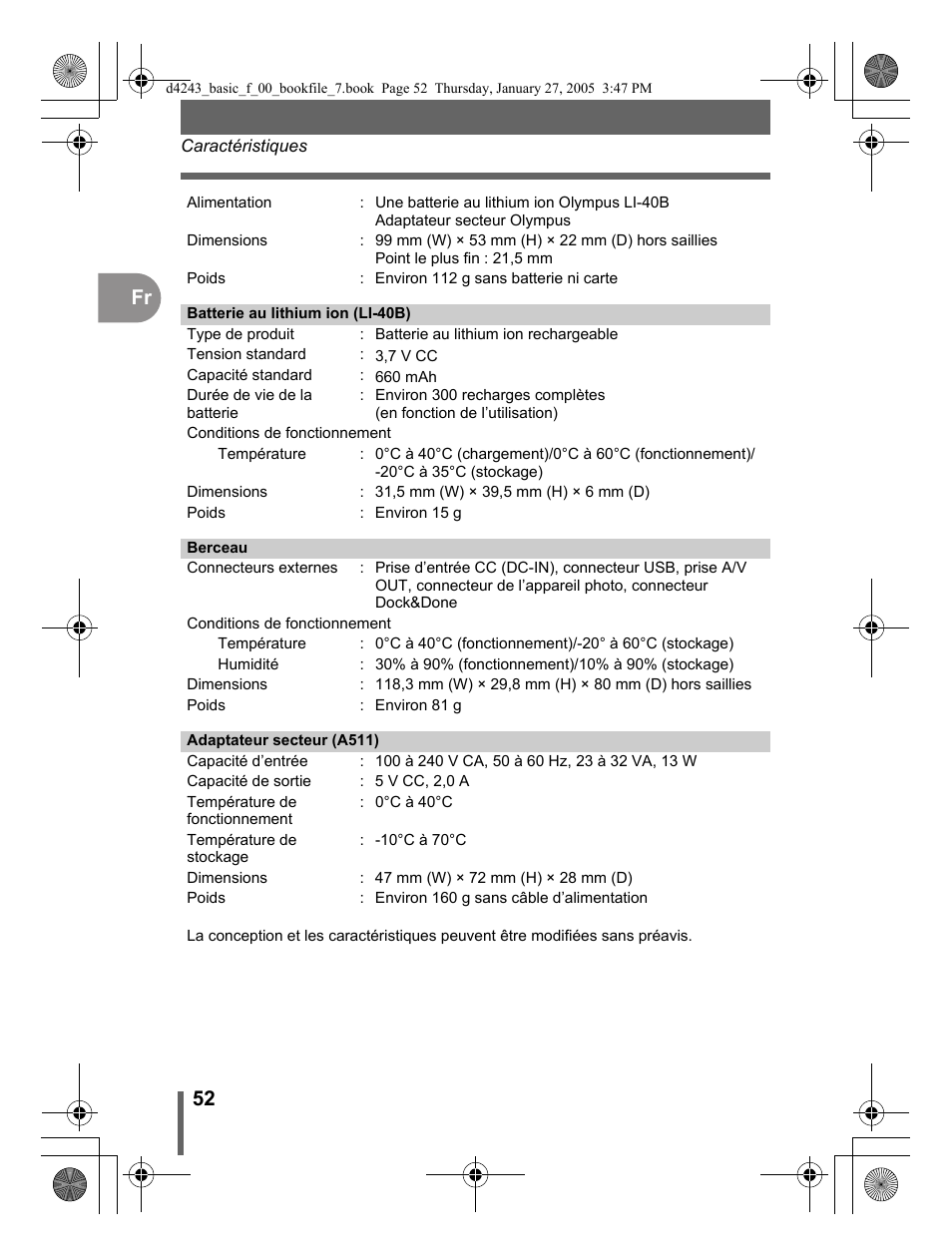 52 fr | Olympus IR-300 User Manual | Page 52 / 108