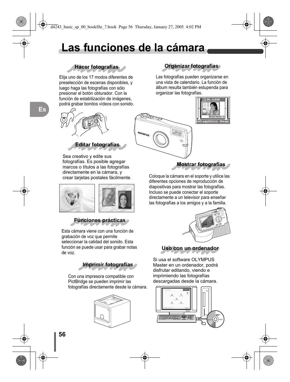 Las funciones de la cámara, 56 es | Olympus IR-300 User Manual | Page 56 / 108