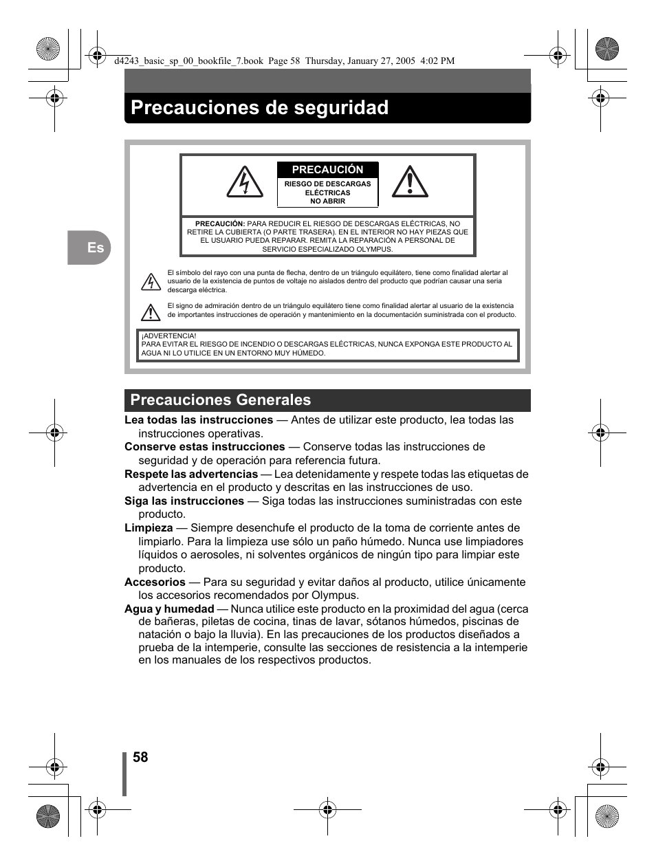 Precauciones de seguridad, Precauciones generales, 58 es | Olympus IR-300 User Manual | Page 58 / 108