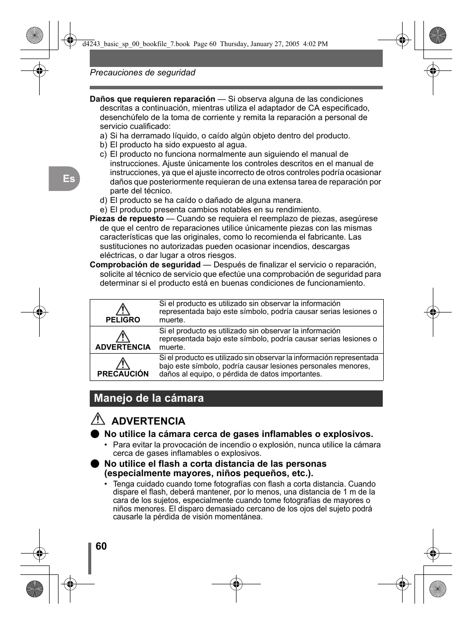 Manejo de la cámara, 60 es, Advertencia | Olympus IR-300 User Manual | Page 60 / 108