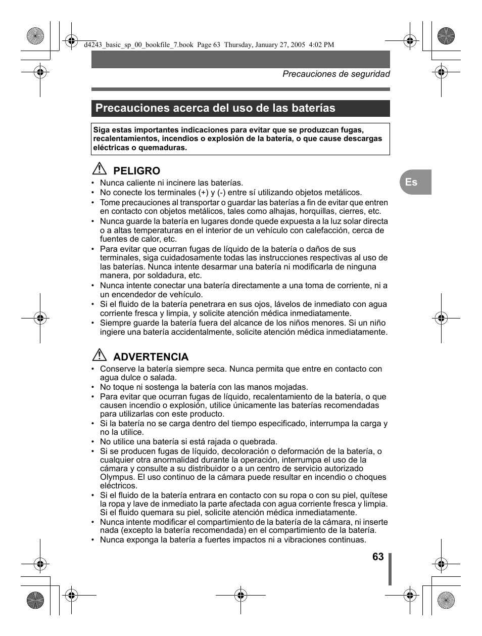 Precauciones acerca del uso de las baterías, 63 es peligro, Advertencia | Olympus IR-300 User Manual | Page 63 / 108