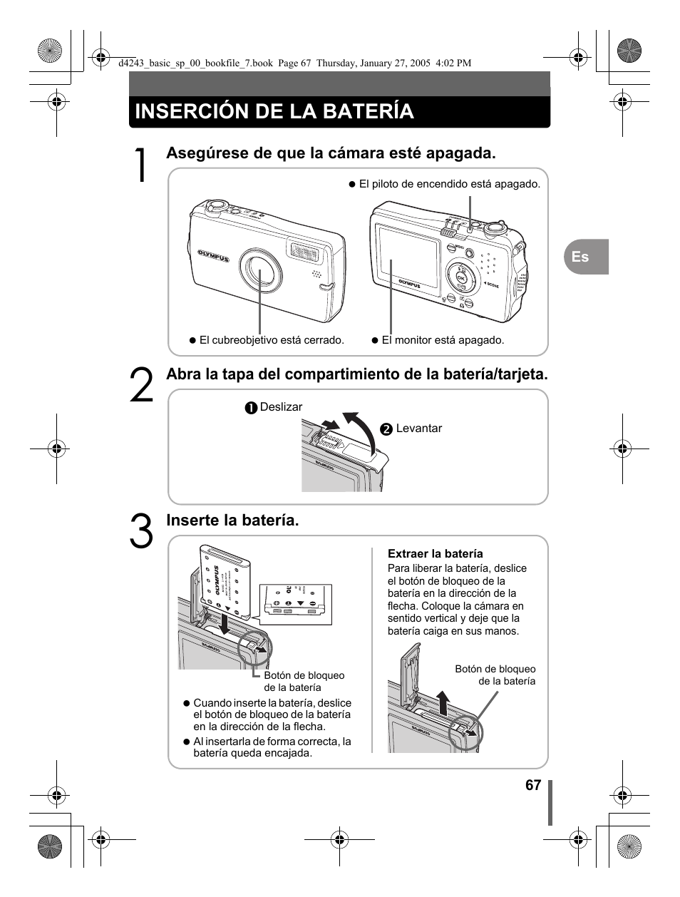 Inserción de la batería | Olympus IR-300 User Manual | Page 67 / 108