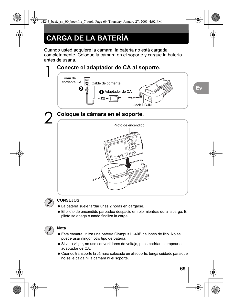 Carga de la batería | Olympus IR-300 User Manual | Page 69 / 108