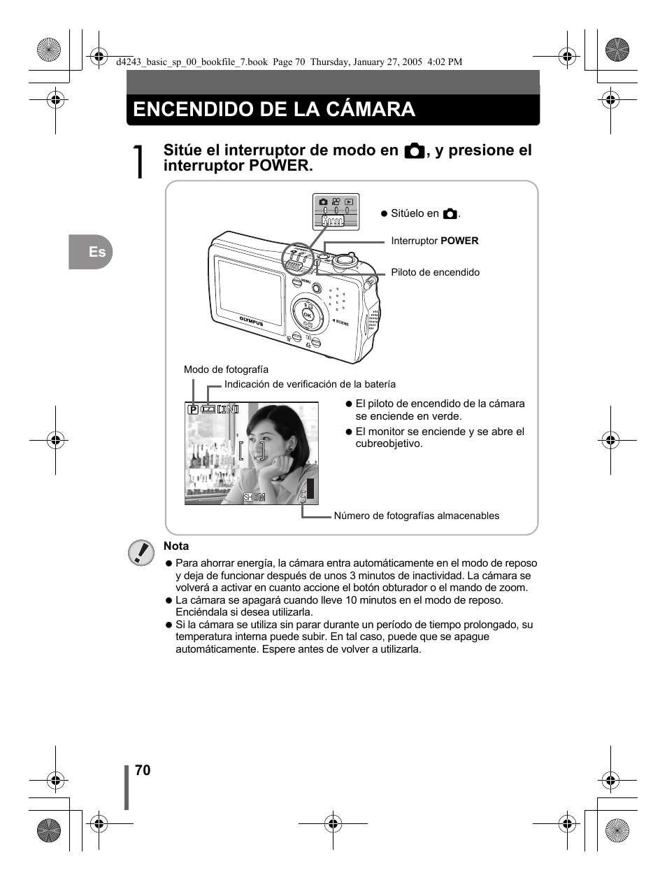 Encendido de la cámara | Olympus IR-300 User Manual | Page 70 / 108