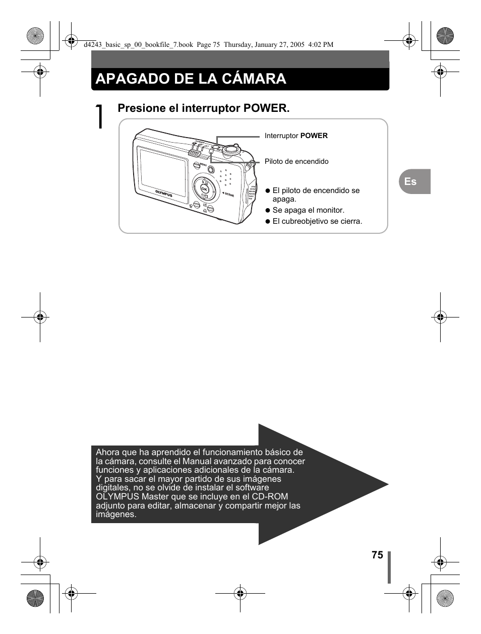 Apagado de la cámara | Olympus IR-300 User Manual | Page 75 / 108