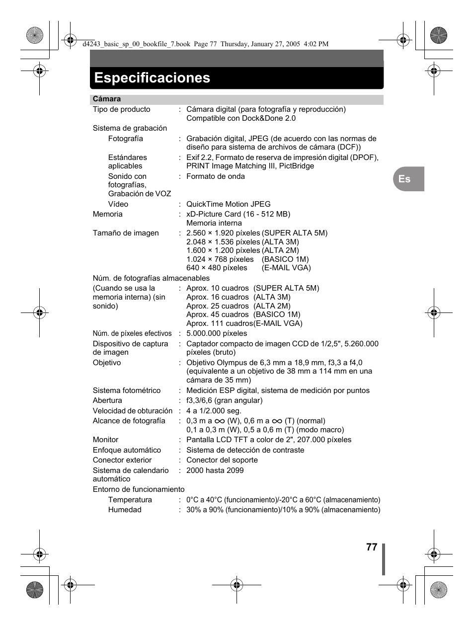 Especificaciones, 77 es | Olympus IR-300 User Manual | Page 77 / 108