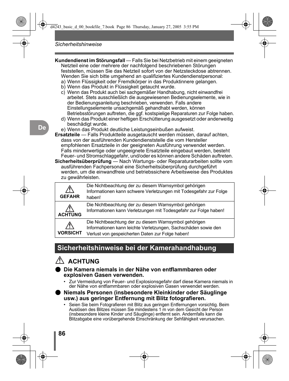 Sicherheitshinweise bei der kamerahandhabung, 86 de, Achtung | Olympus IR-300 User Manual | Page 86 / 108