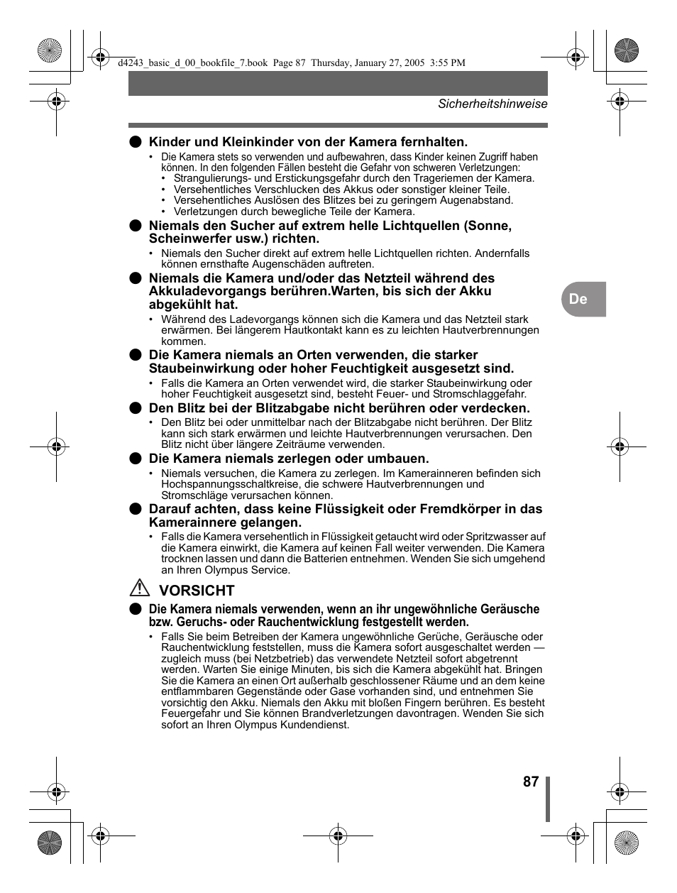 87 de, Vorsicht | Olympus IR-300 User Manual | Page 87 / 108