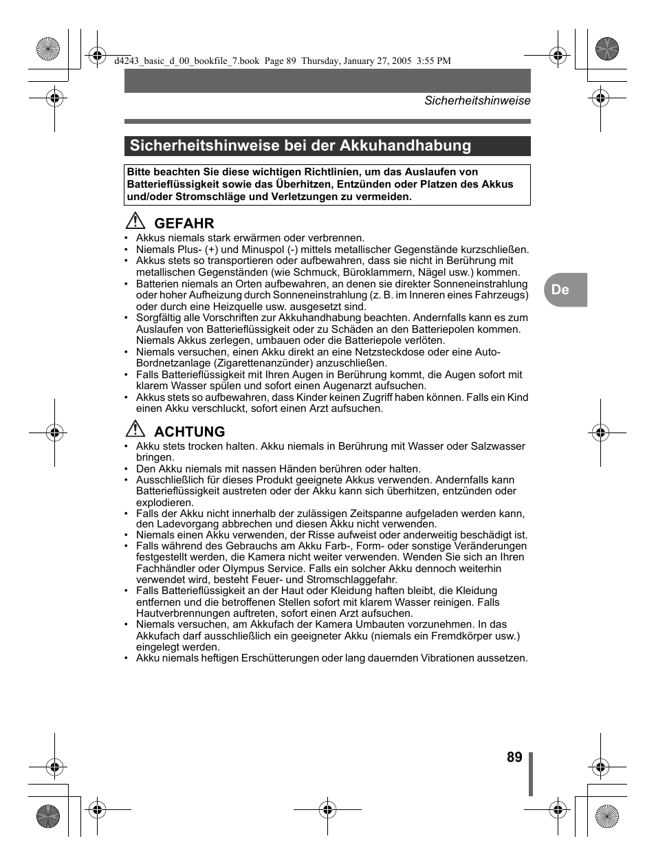 Sicherheitshinweise bei der akkuhandhabung, 89 de gefahr, Achtung | Olympus IR-300 User Manual | Page 89 / 108