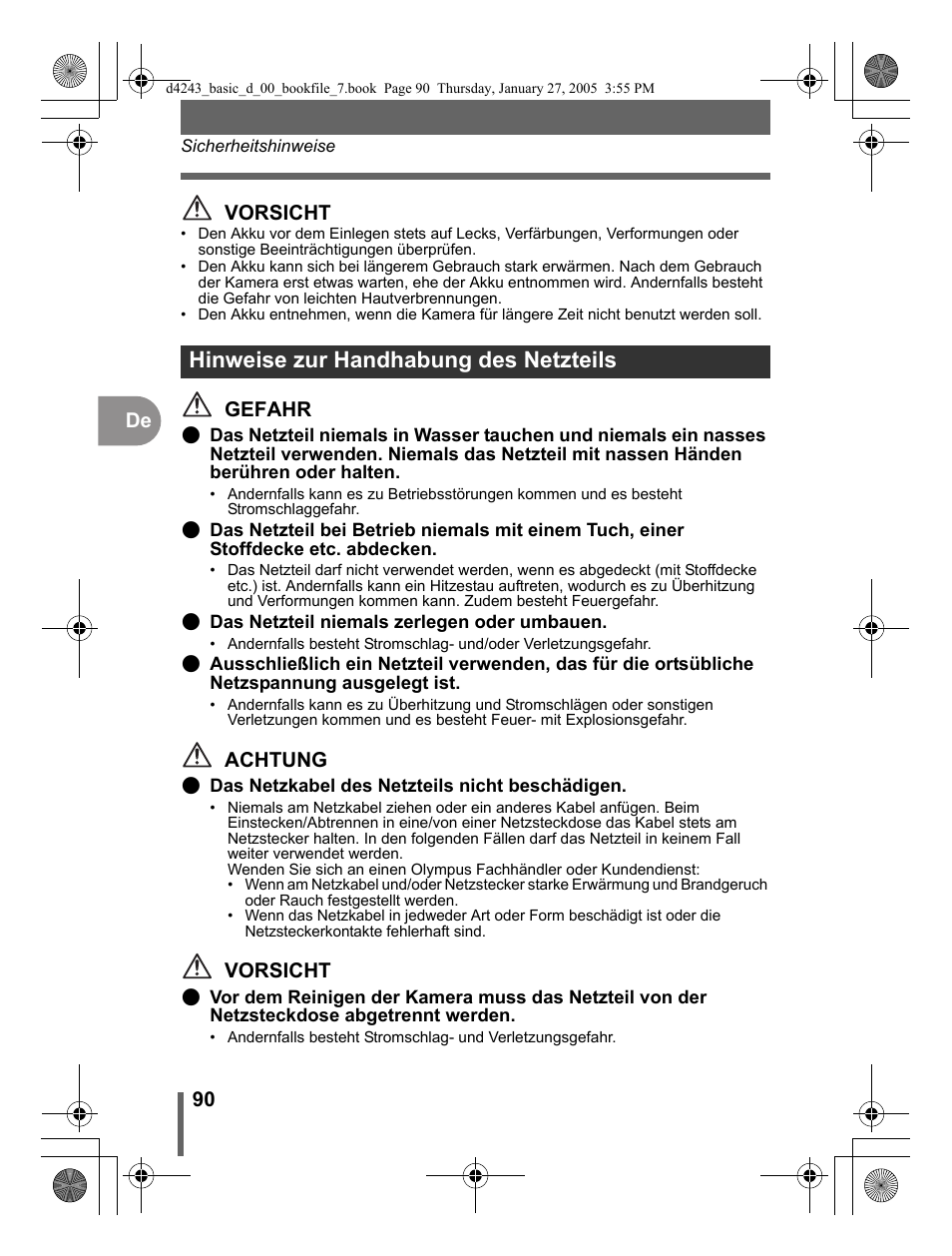 Hinweise zur handhabung des netzteils | Olympus IR-300 User Manual | Page 90 / 108