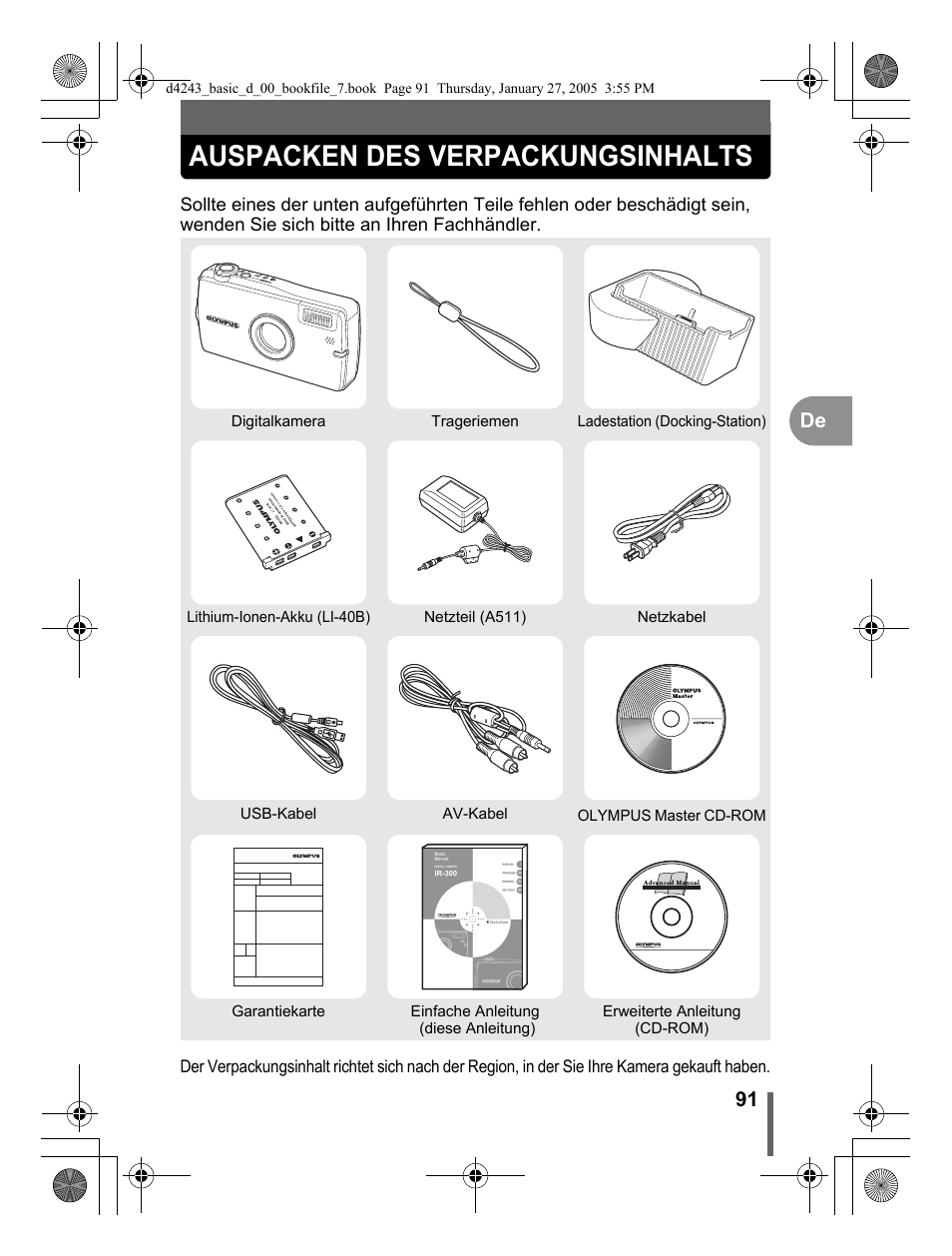 Auspacken des verpackungsinhalts, 91 de | Olympus IR-300 User Manual | Page 91 / 108