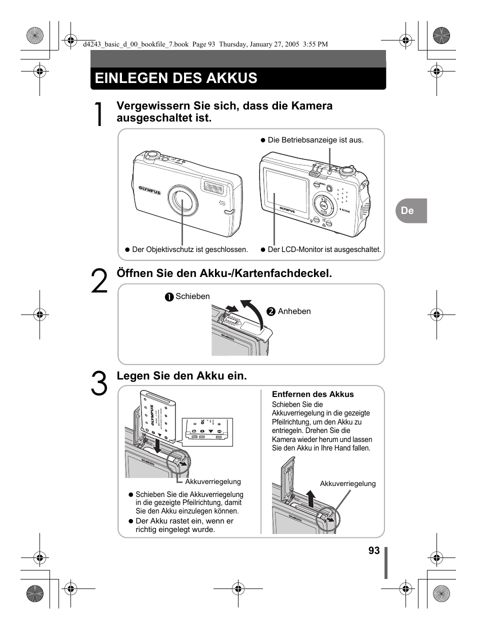 Einlegen des akkus | Olympus IR-300 User Manual | Page 93 / 108