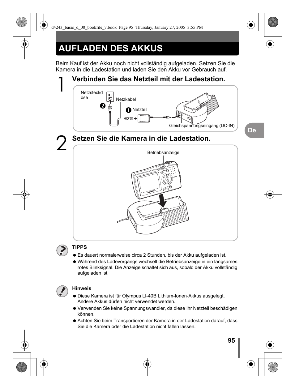 Aufladen des akkus | Olympus IR-300 User Manual | Page 95 / 108