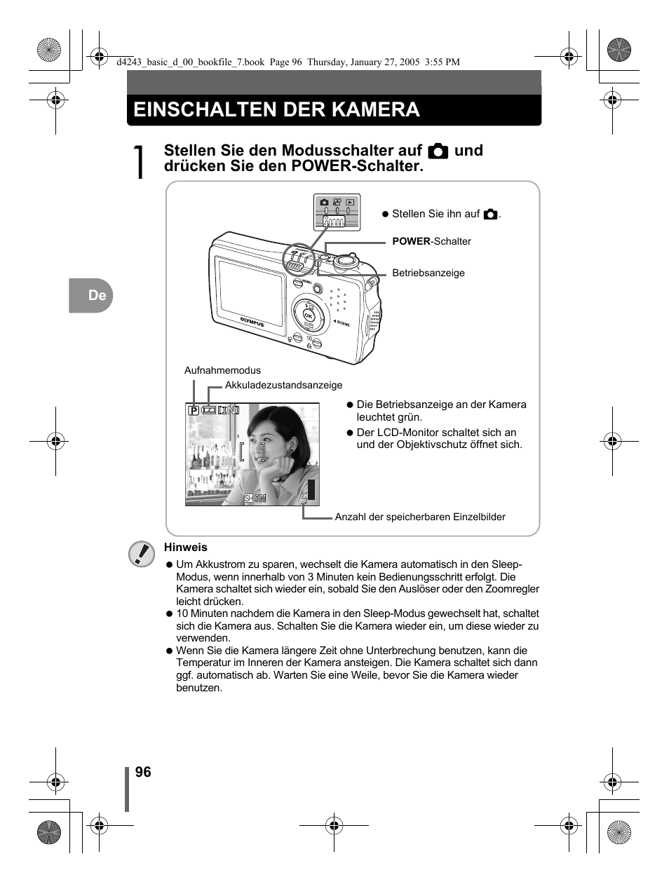 Einschalten der kamera | Olympus IR-300 User Manual | Page 96 / 108