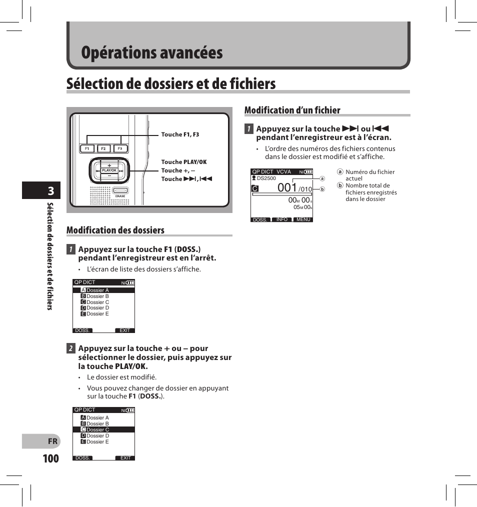 Opérations avancées, Sélection de dossiers et de fichiers, Modification des dossiers | Modification d’un fichier | Olympus DS-2500 User Manual | Page 100 / 196