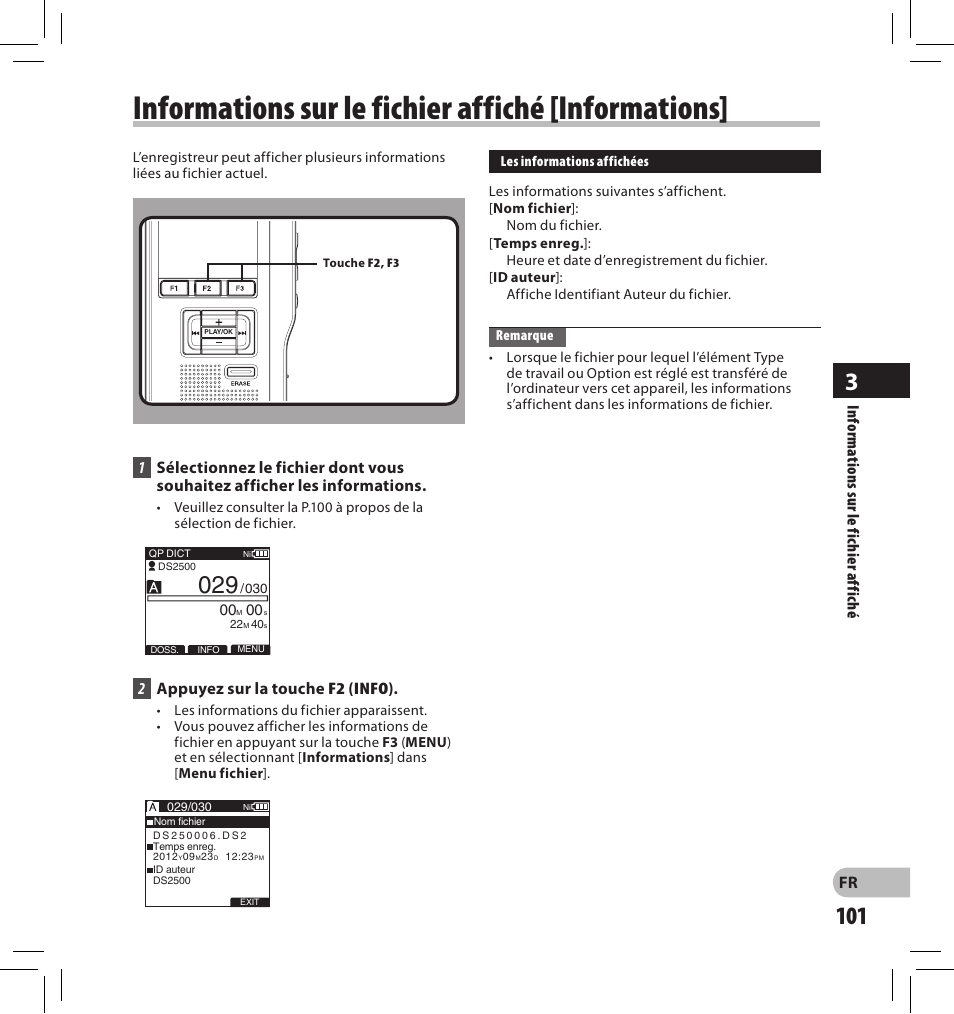 Informations sur le fichier affiché [informations | Olympus DS-2500 User Manual | Page 101 / 196