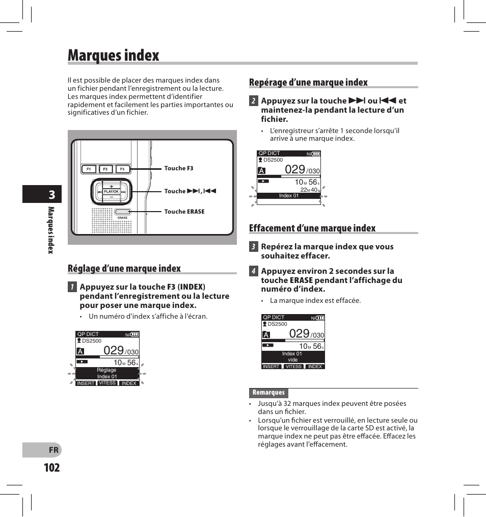 Marques index, Réglage d’une marque index, Repérage d’une marque index | Effacement d’une marque index | Olympus DS-2500 User Manual | Page 102 / 196