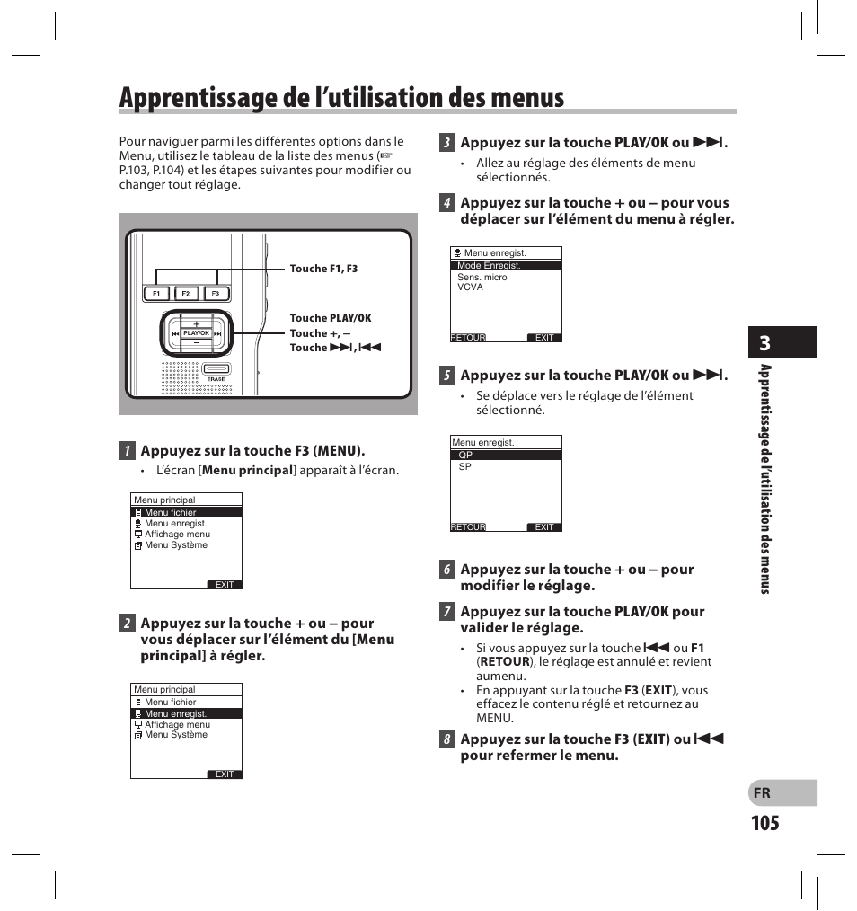 Apprentissage de l’utilisation des menus | Olympus DS-2500 User Manual | Page 105 / 196