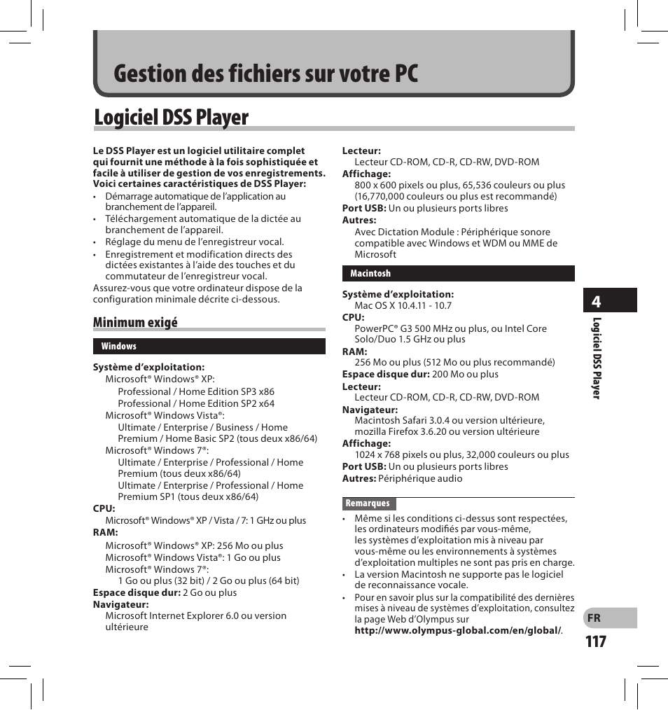 Gestion des fichiers sur votre pc, Logiciel dss player, Minimum exigé | Olympus DS-2500 User Manual | Page 117 / 196