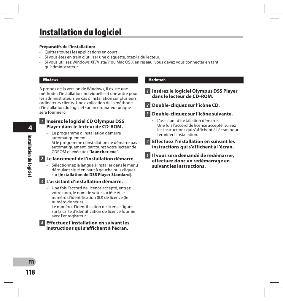 Installation du logiciel | Olympus DS-2500 User Manual | Page 118 / 196