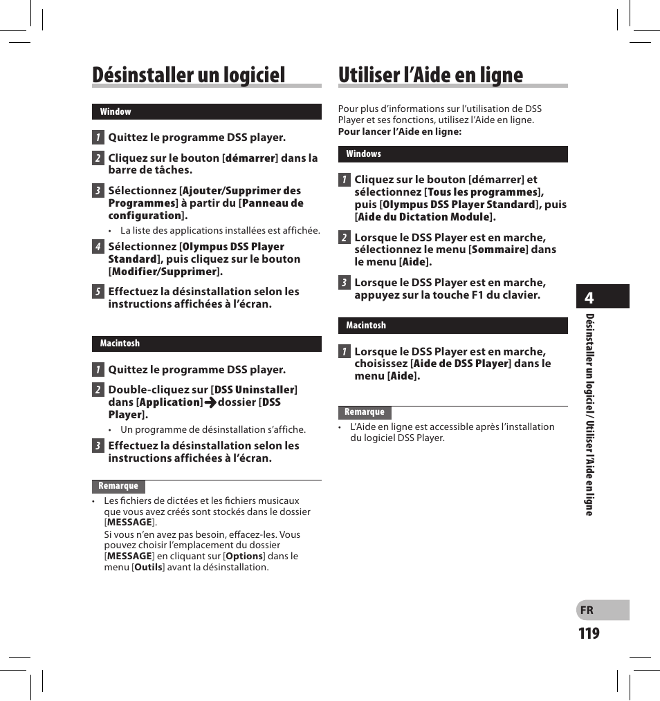 Désinstaller un logiciel utiliser l’aide en ligne | Olympus DS-2500 User Manual | Page 119 / 196