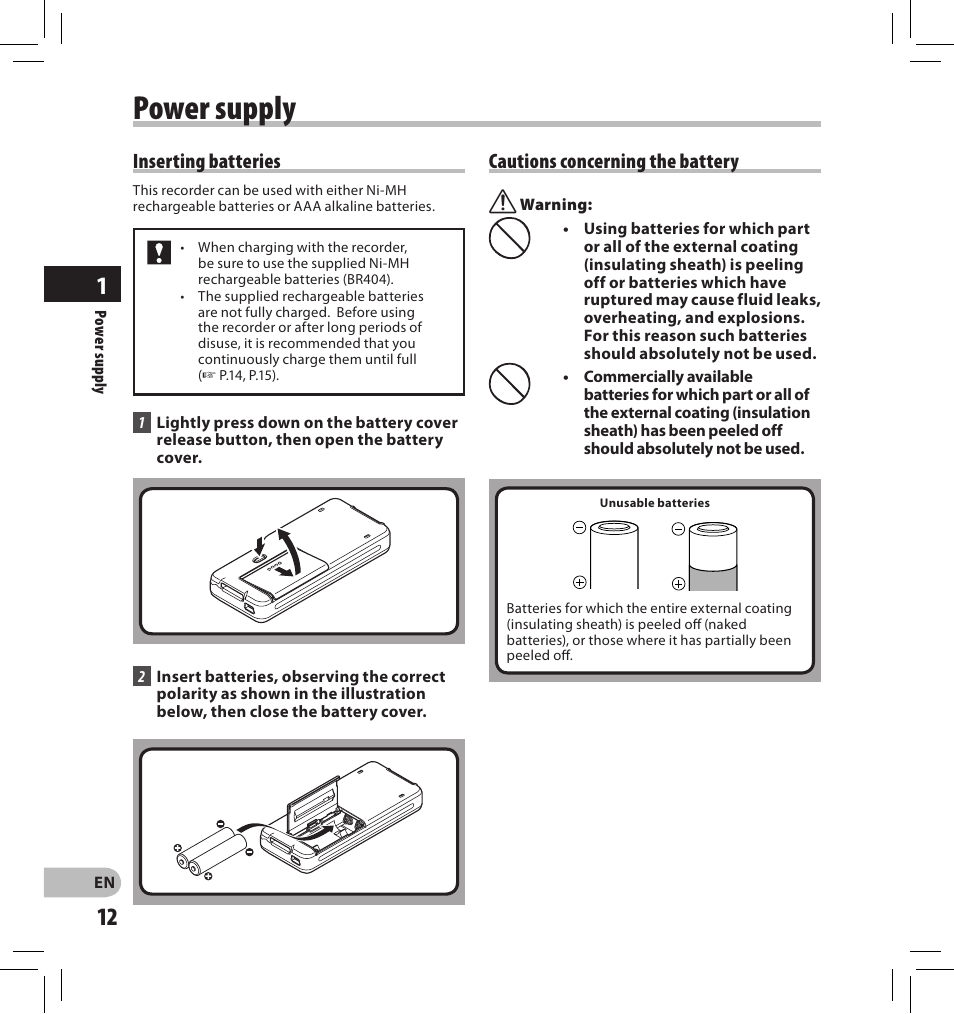 Power supply | Olympus DS-2500 User Manual | Page 12 / 196