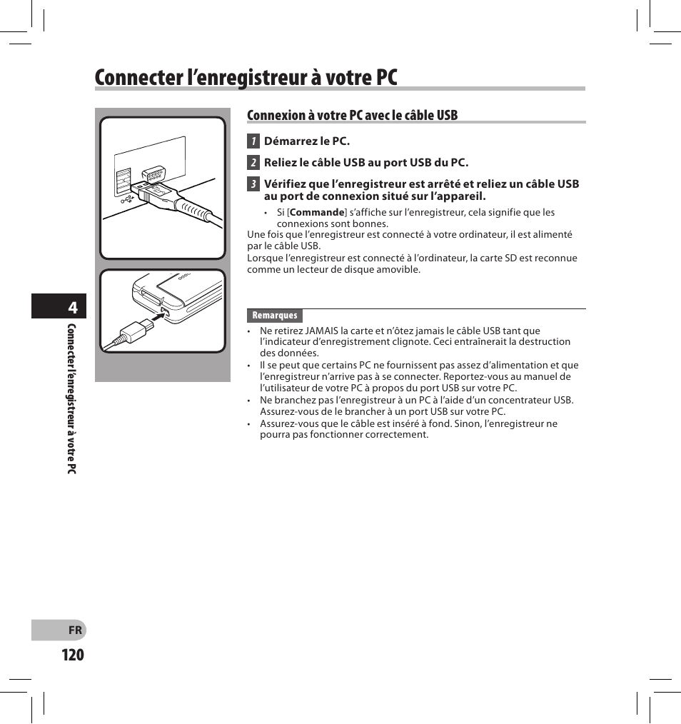 Connecter l’enregistreur à votre pc, Connexion à votre pc avec le câble usb | Olympus DS-2500 User Manual | Page 120 / 196