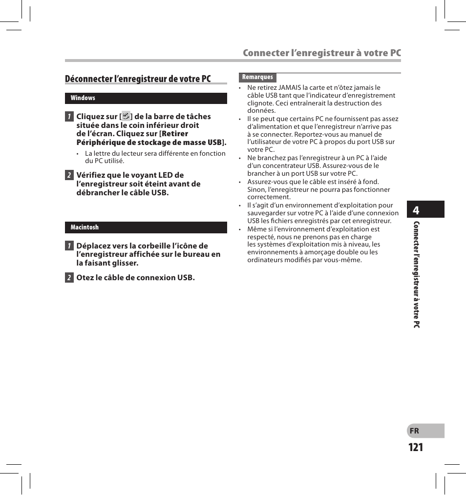 Connecter l’enregistreur à votre pc, Déconnecter l’enregistreur de votre pc | Olympus DS-2500 User Manual | Page 121 / 196