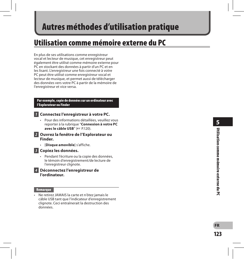 Autres méthodes d’utilisation pratique, Utilisation comme mémoire externe du pc | Olympus DS-2500 User Manual | Page 123 / 196