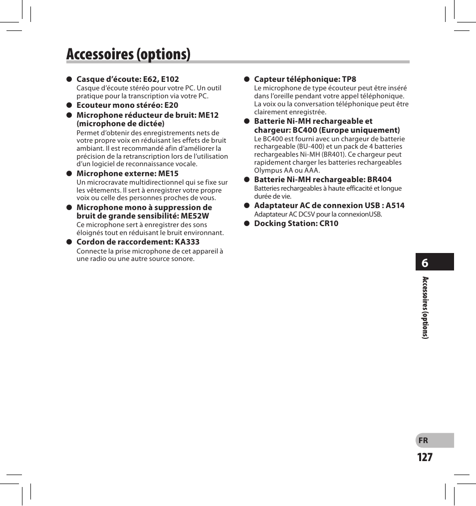 Accessoires (options) | Olympus DS-2500 User Manual | Page 127 / 196