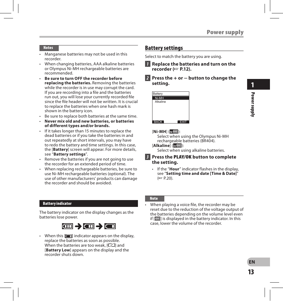 Power supply, Battery settings | Olympus DS-2500 User Manual | Page 13 / 196