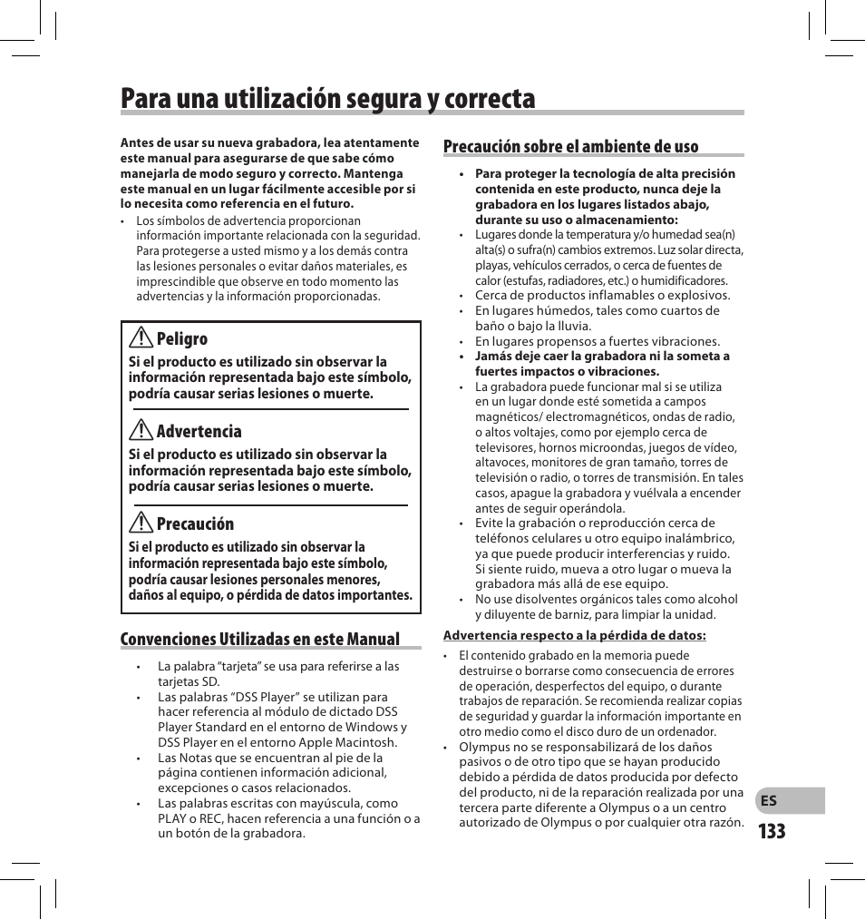 Para una utilización segura y correcta, Peligro, Advertencia | Precaución, Convenciones utilizadas en este manual, Precaución sobre el ambiente de uso | Olympus DS-2500 User Manual | Page 133 / 196