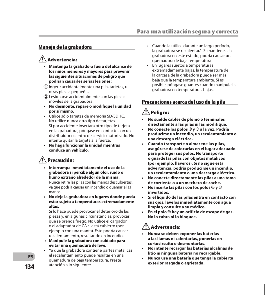 Precaución, Precauciones acerca del uso de la pila | Olympus DS-2500 User Manual | Page 134 / 196