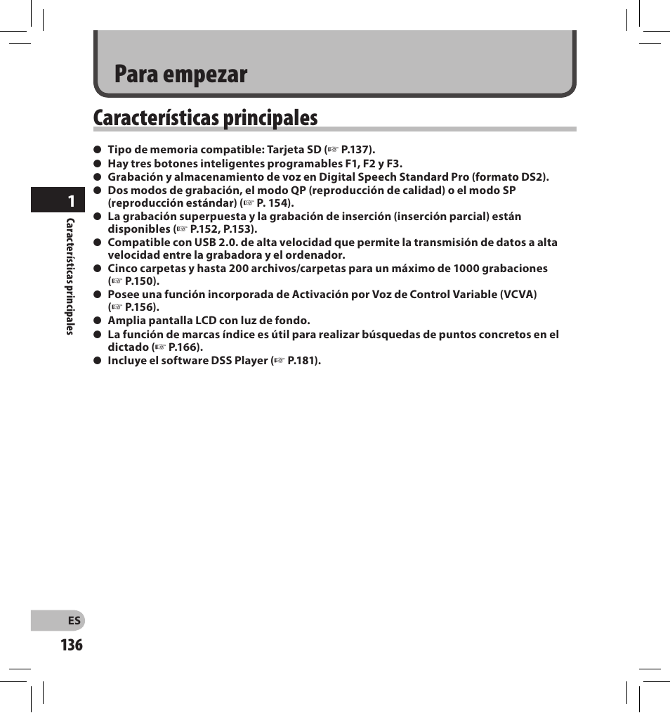 Para empezar, Características principales | Olympus DS-2500 User Manual | Page 136 / 196