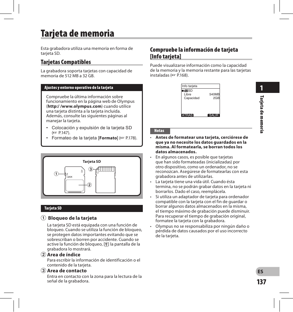 Tarjetas compatibles, Compruebe la información de tarjeta [info tarjeta | Olympus DS-2500 User Manual | Page 137 / 196