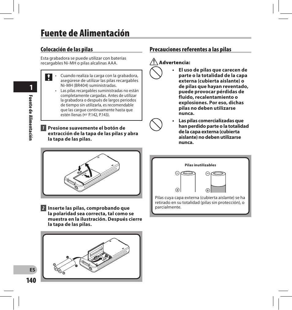 Fuente de alimentación | Olympus DS-2500 User Manual | Page 140 / 196
