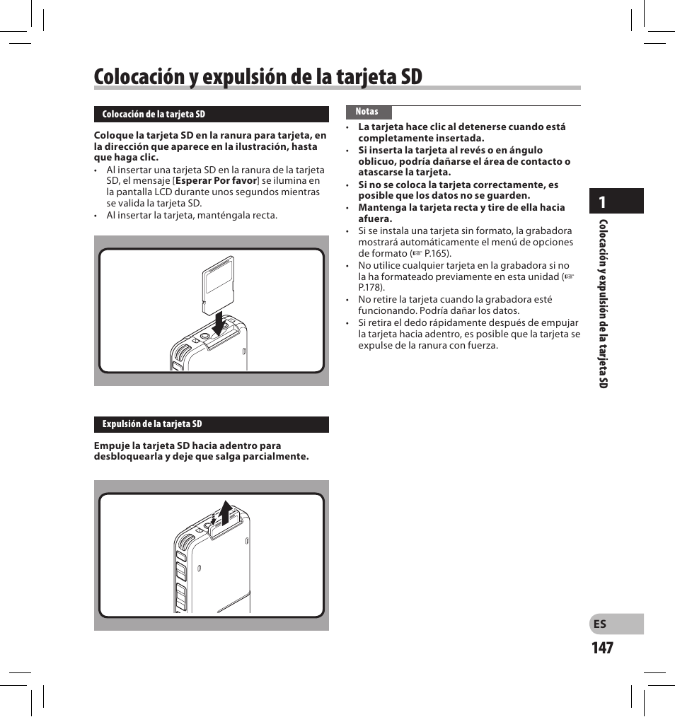 Colocación y expulsión de la tarjeta sd | Olympus DS-2500 User Manual | Page 147 / 196