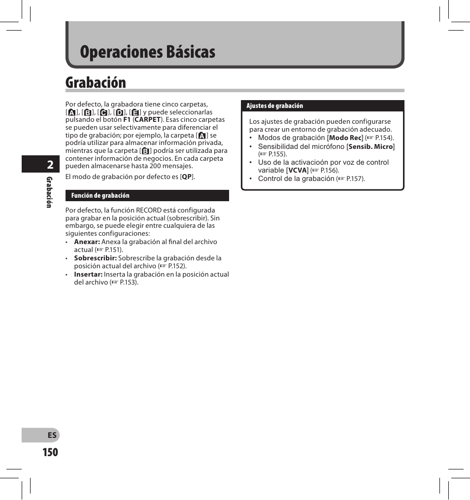 Operaciones básicas, Grabación | Olympus DS-2500 User Manual | Page 150 / 196