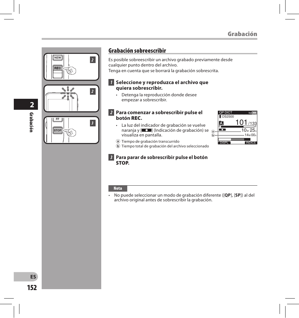 Grabación sobreescribir, Grabación | Olympus DS-2500 User Manual | Page 152 / 196