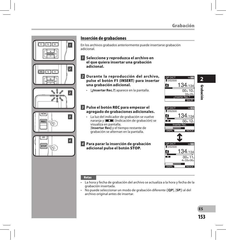 Grabación inserción de grabaciones | Olympus DS-2500 User Manual | Page 153 / 196