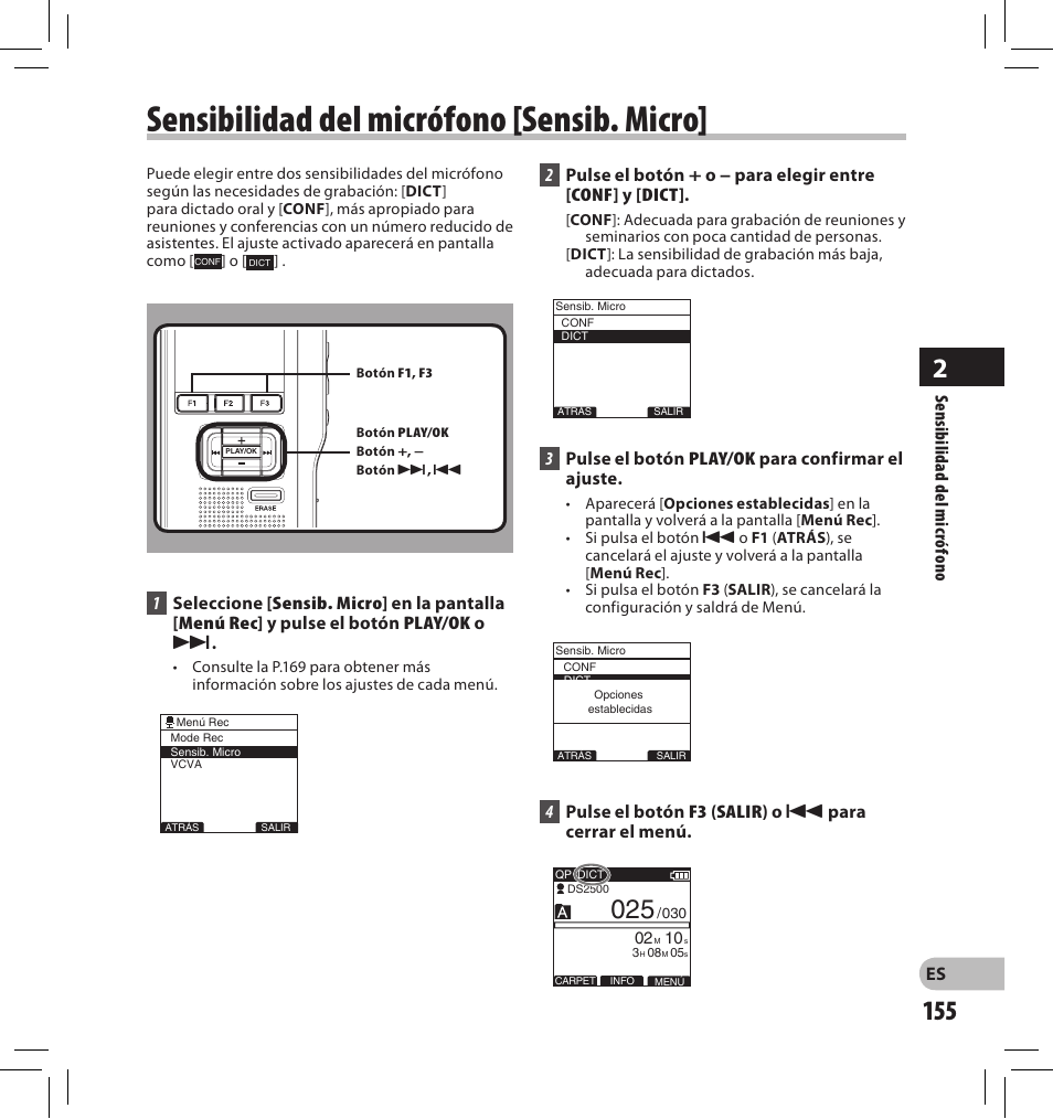 Sensibilidad del micrófono [sensib. micro | Olympus DS-2500 User Manual | Page 155 / 196