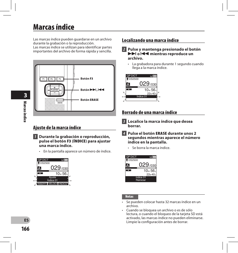 Marcas índice, Ajuste de la marca índice, Localizando una marca índice | Borrado de una marca índice | Olympus DS-2500 User Manual | Page 166 / 196