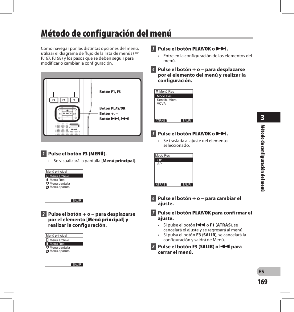 Método de configuración del menú | Olympus DS-2500 User Manual | Page 169 / 196