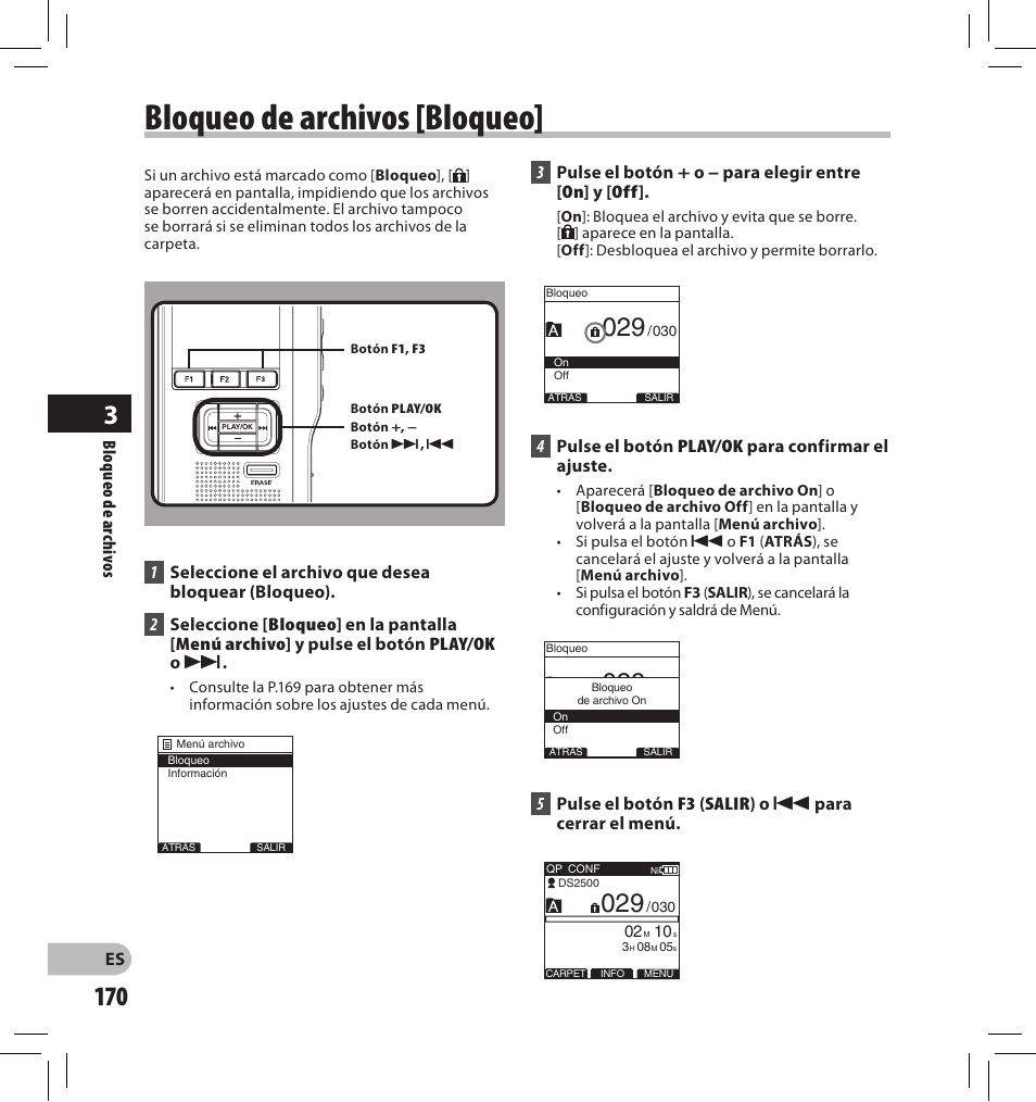 Bloqueo de archivos [bloqueo | Olympus DS-2500 User Manual | Page 170 / 196