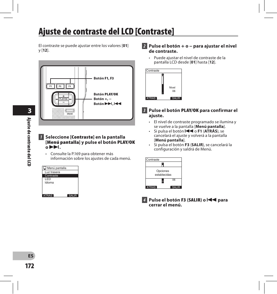 Ajuste de contraste del lcd [contraste | Olympus DS-2500 User Manual | Page 172 / 196
