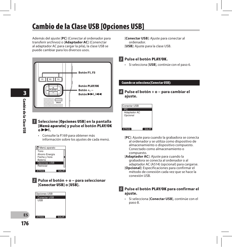 Cambio de la clase usb [opciones usb | Olympus DS-2500 User Manual | Page 176 / 196