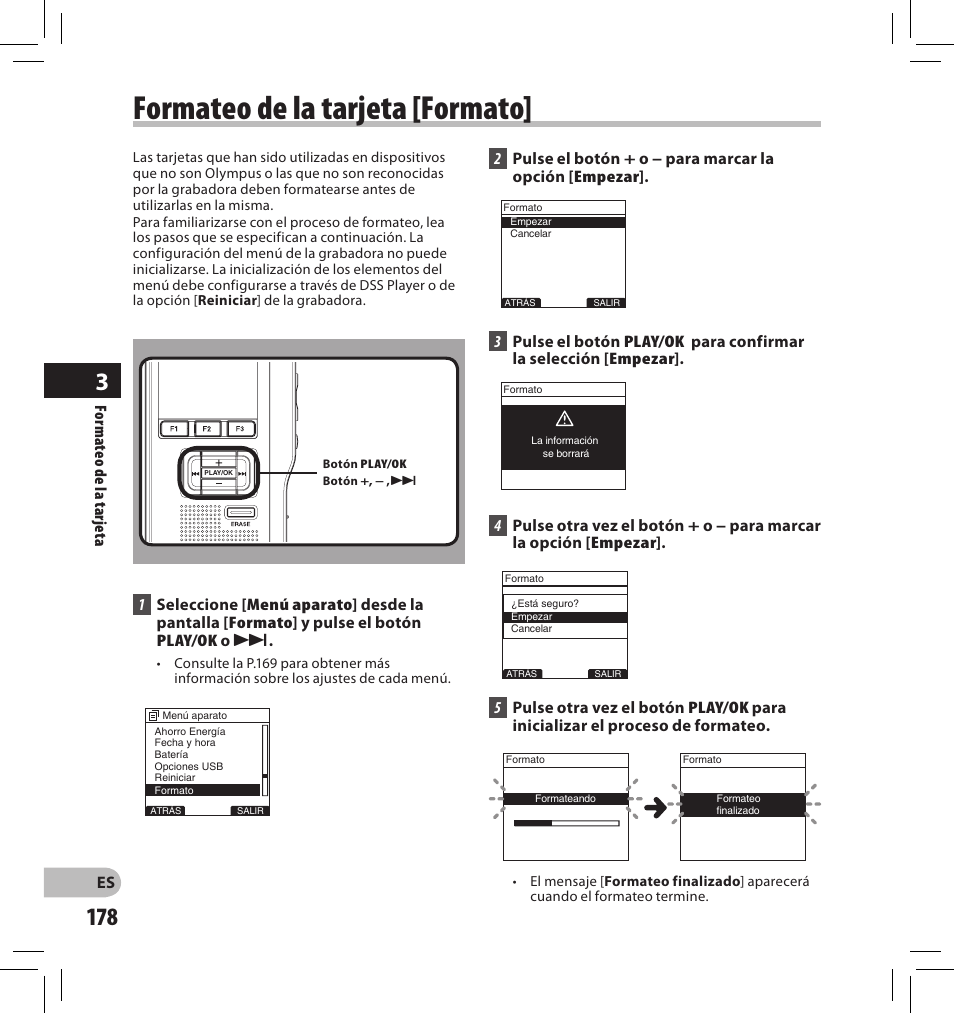 Formateo de la tarjeta [formato | Olympus DS-2500 User Manual | Page 178 / 196