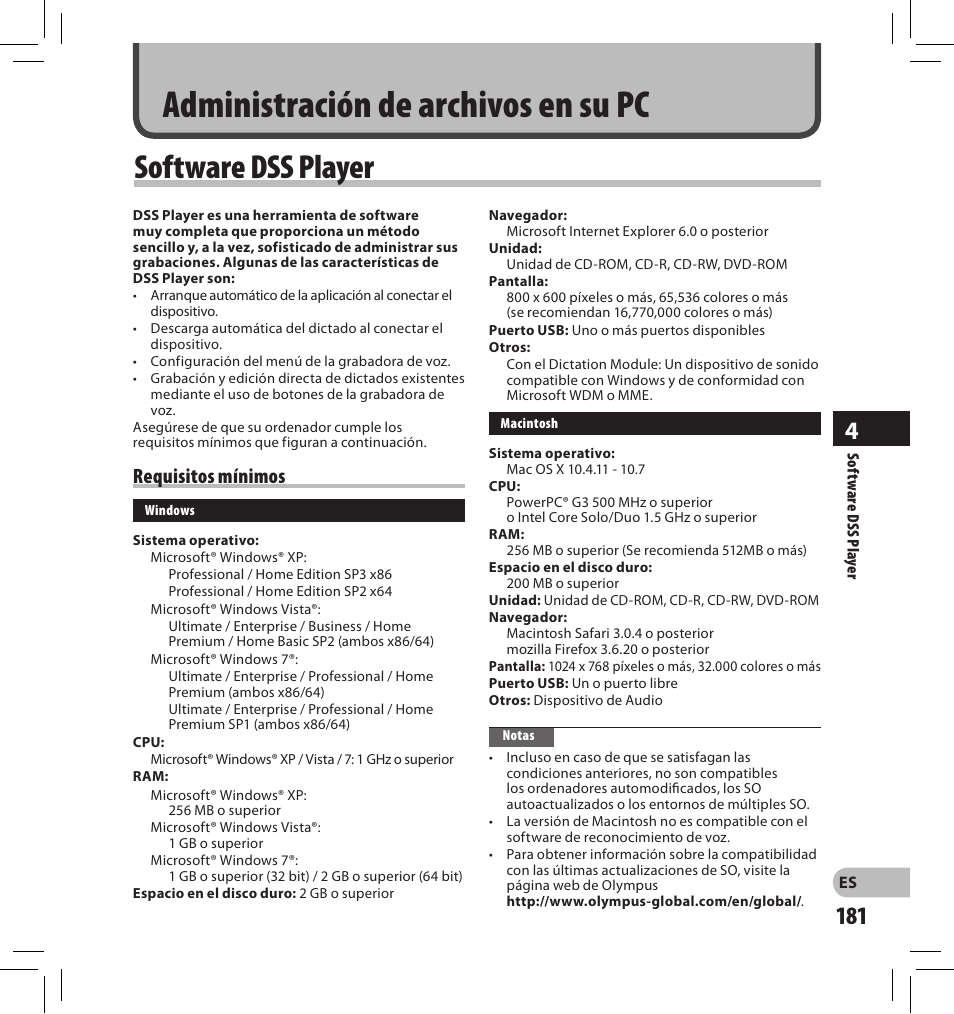 Administración de archivos en su pc, Software dss player, Requisitos mínimos | Olympus DS-2500 User Manual | Page 181 / 196