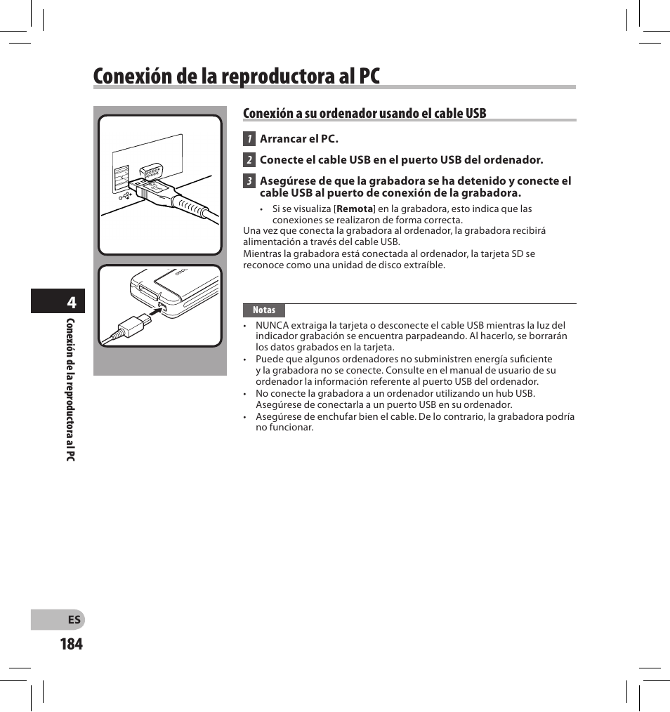 Conexión de la reproductora al pc, Conexión a su ordenador usando el cable usb | Olympus DS-2500 User Manual | Page 184 / 196