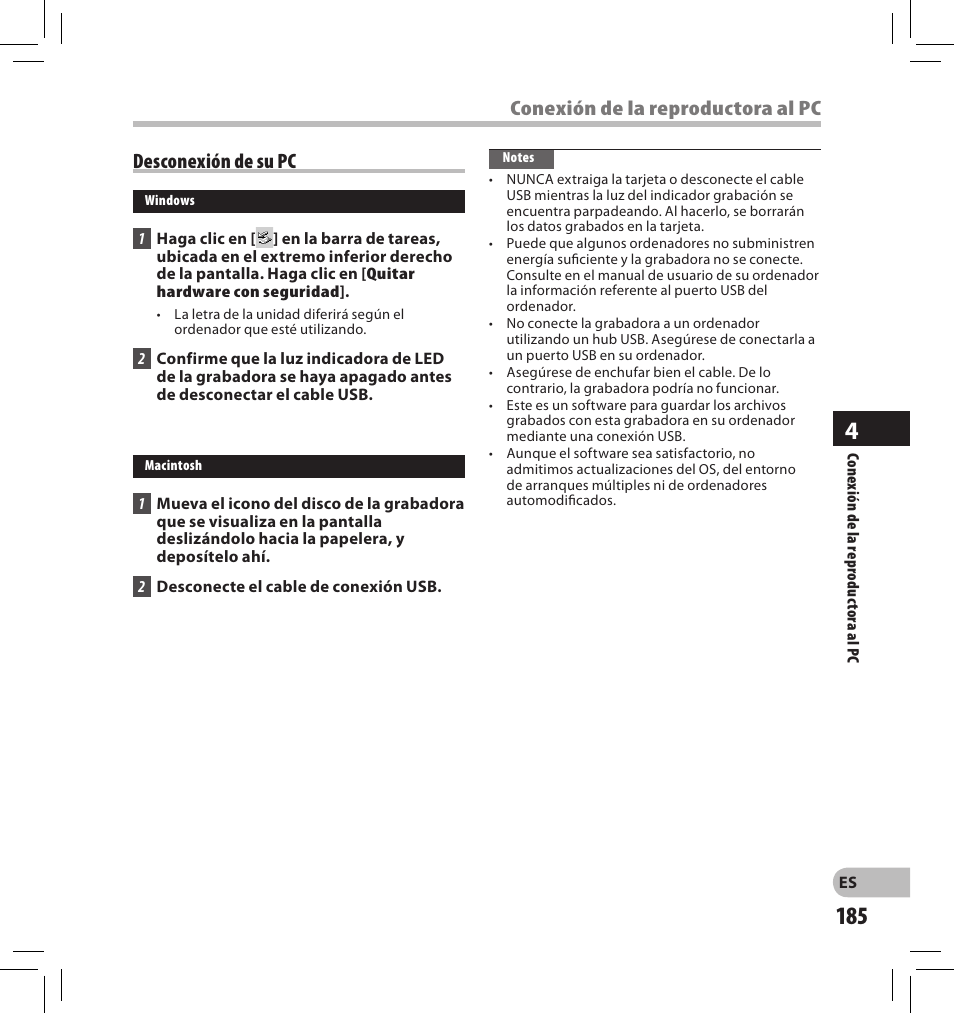 Conexión de la reproductora al pc, Desconexión de su pc | Olympus DS-2500 User Manual | Page 185 / 196